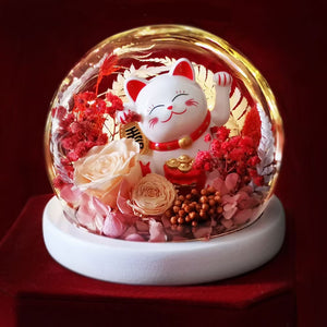 Lucky Cat with Preserved Flower
